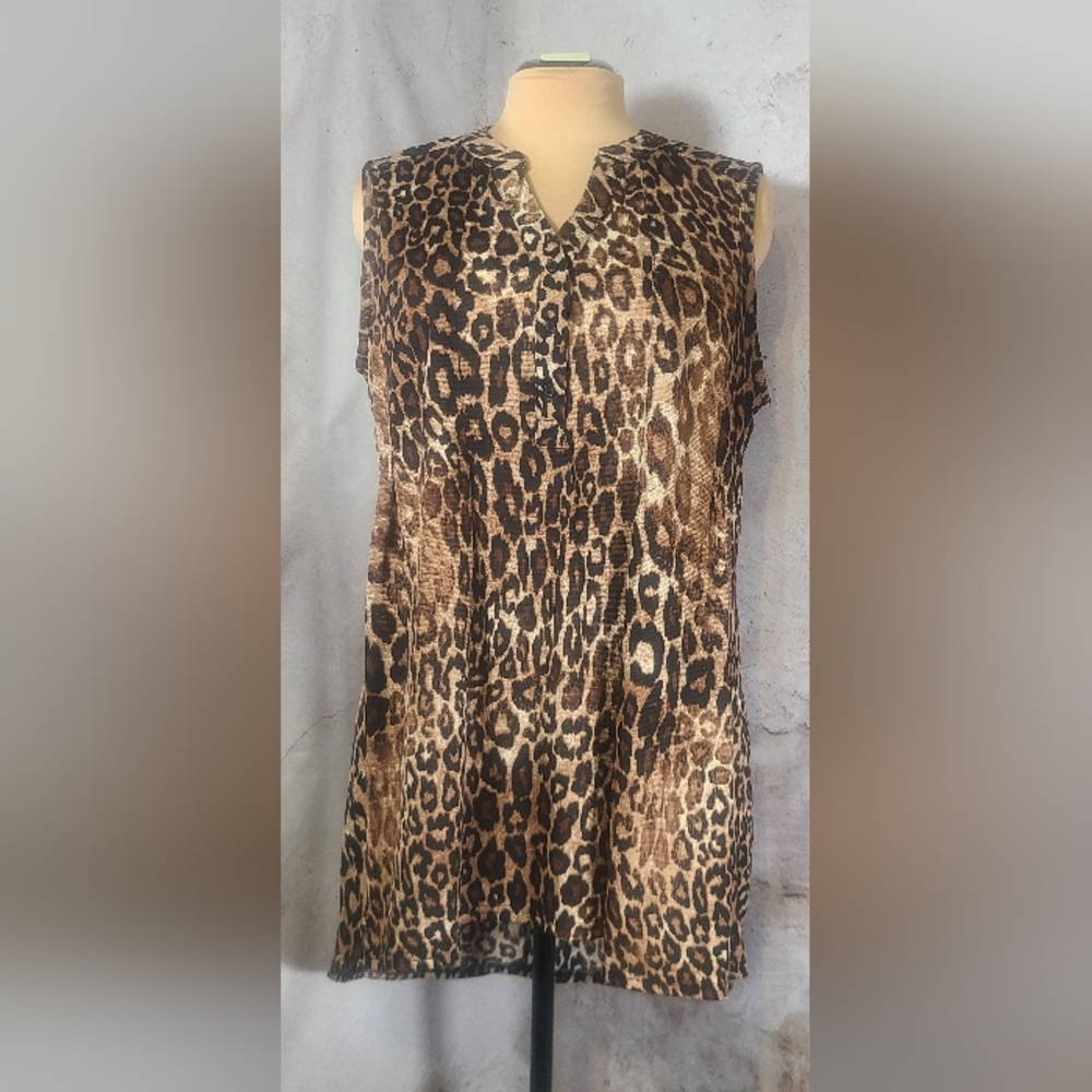 Cocomo Brown Black Leopard Sleeveless Hi Low Blouse Sheer Stretch Fabric 2X